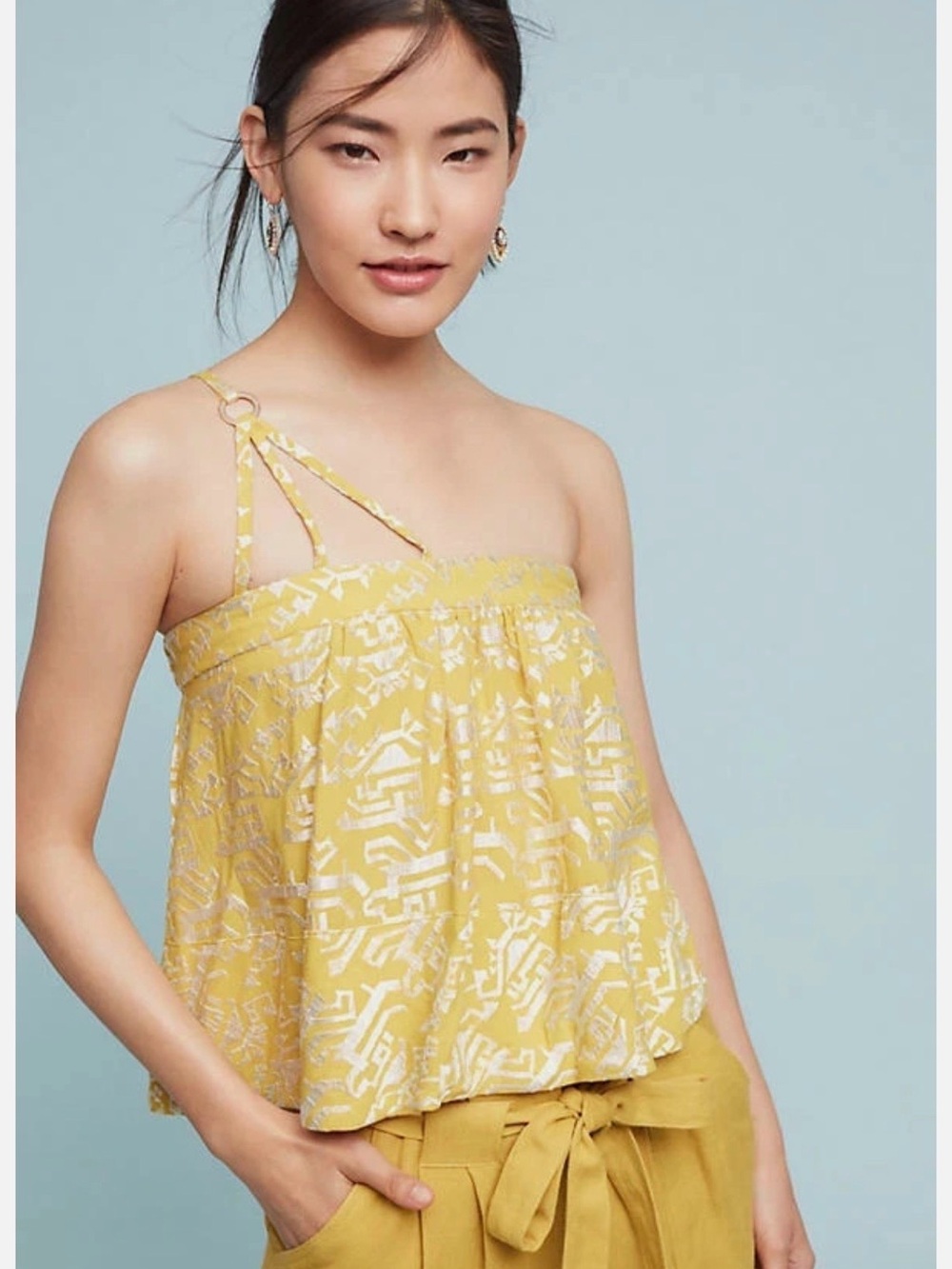 Anthropologie Floreat Women’s Yellow Patterned One-Shoulder Summer Top